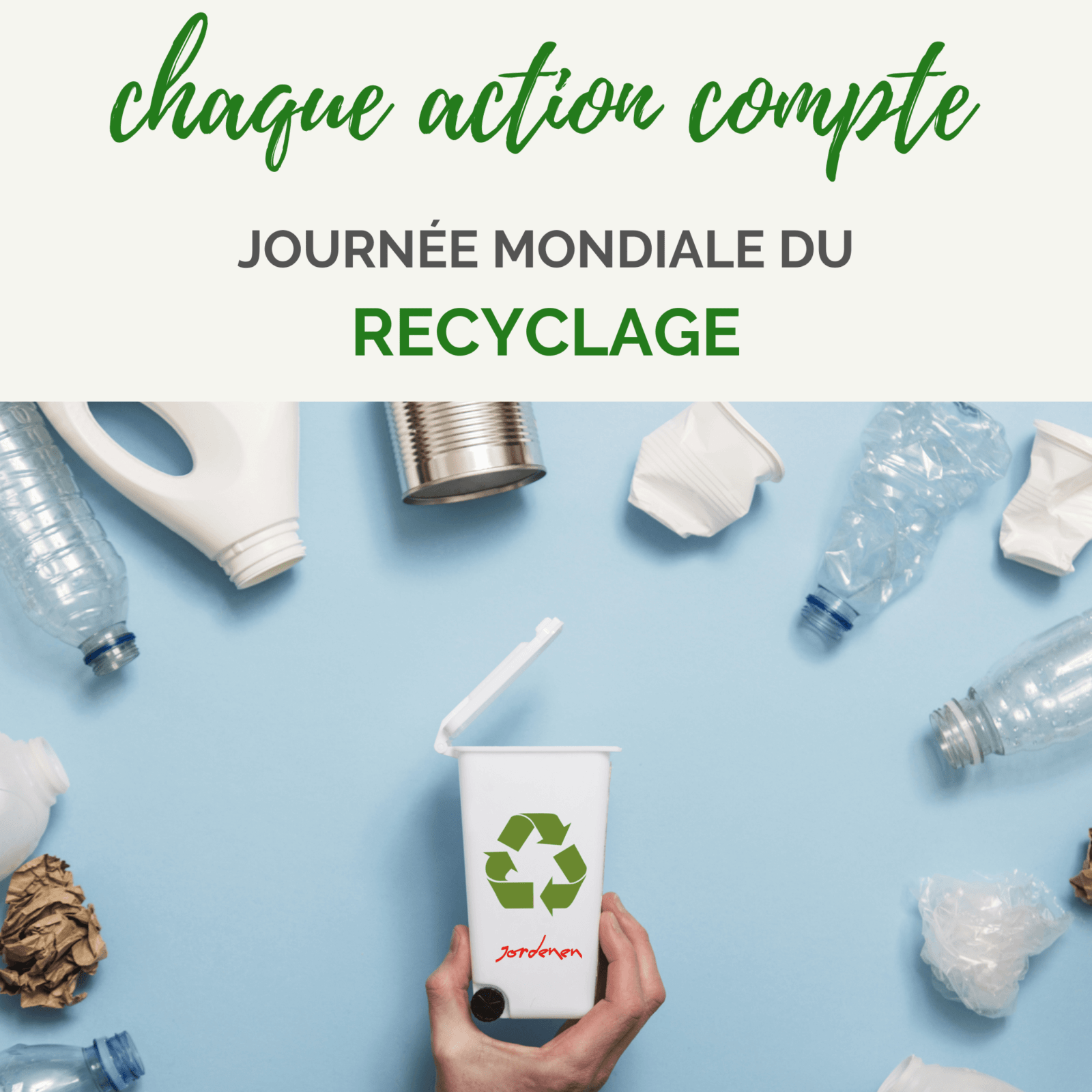 Affiche de sensibilisation pour la Journée du Recyclage, avec des symboles de recyclage et des informations sur l'importance du recyclage, par Jordenen